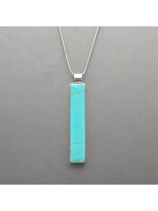 Ati Jewelry - Vintage Sterling Silver Turquoise Bar Pendant Necklace 18" 925 Southwestern ATI